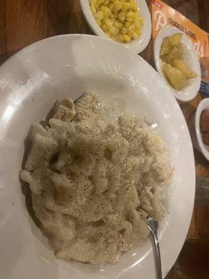 Dumplings, corn and fried apples.