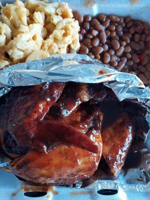 Bbq chicken baked beans and macNcheese