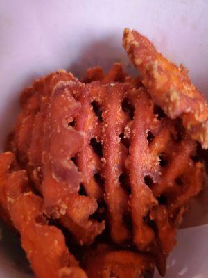 Overcooked sweet potato waffle fries.