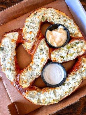 Stuffed pretzel of the week: Zesty dill pickle with cups of ranch and white cheddar sauce ($21)