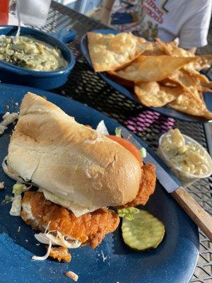 Chicken finger grinder (missing some bites- it's very good) and Spinach / Artichoke Dip with homemade chips!