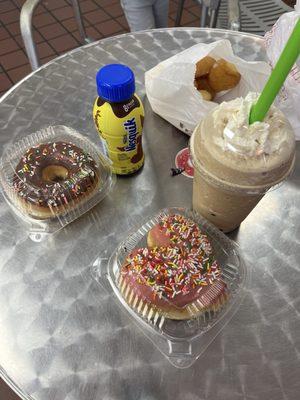 Iced blended coffee and donuts