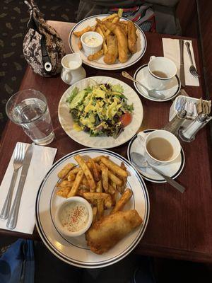 Fish And Chips, Side Salad, Earl grey tea