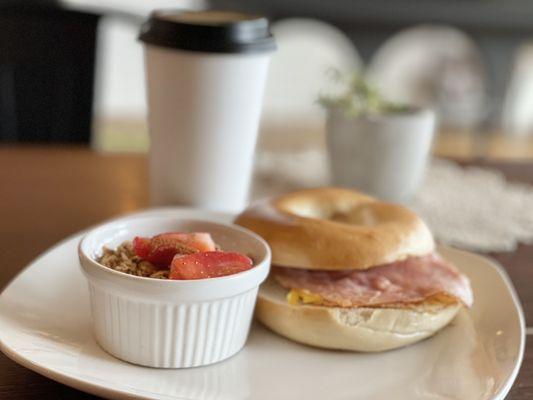 Ham, Egg & Cheese Bagel with Yogurt Parfait