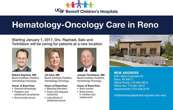 Pediatric hematologists and oncologists at Reno Clinic, UCSF Benioff Children's Hospital