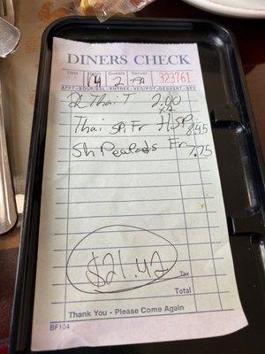 The bill for lunch  9/13/21.