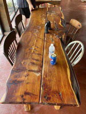 Closeup of our table. Two beautiful planks of wood. I love tables made this way.