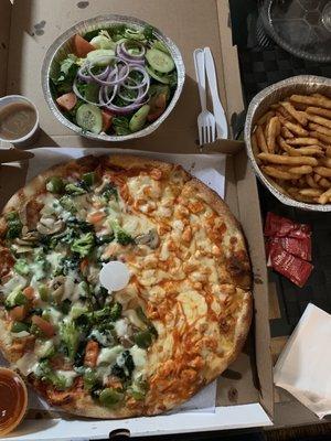 Garden salad (fresh and yummy), half veggie and have Buffalo chicken, crispy fries.