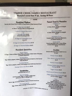 Breakfast menu