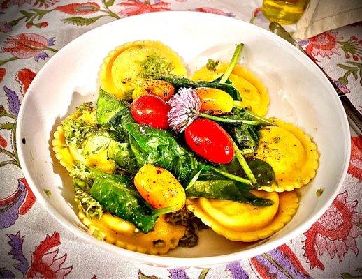 Sweet Corn Ravioli with garlic scape pesto