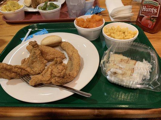 Fried catfish, sides and dessert