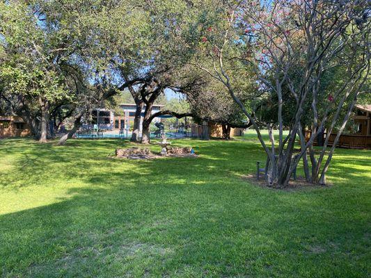 The courtyard is space for events, like our summer art show. The pool is also visible in the background, which is for our campers to enjoy!