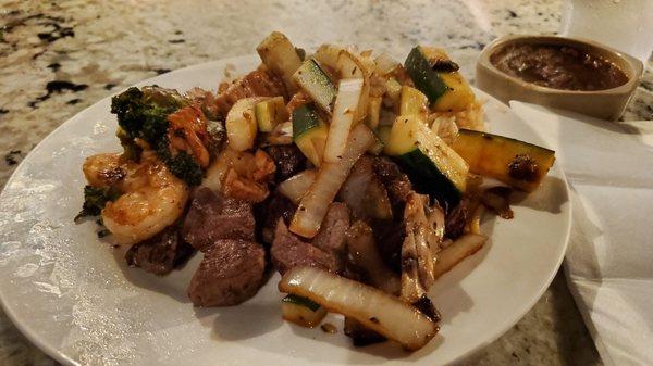 Mixed hibachi grill items from the Imperial Dinner for Two: Filet Mignon, Shrimp, Teriyaki Chicken, Mixed Vegetables, Rice, Yaki Noodles