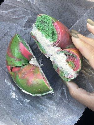 Rainbow bagel with cream cheese