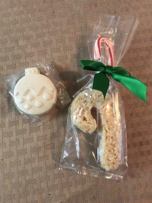 More Christmas sweets White Chocolate Oreo Ornament and Rice Krispy Candy Cane