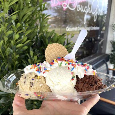 Deluxe Sundae. Chocolate Chip and Brownie Batter Cookie Dough with a Scoop of Vanilla Ice Cream.