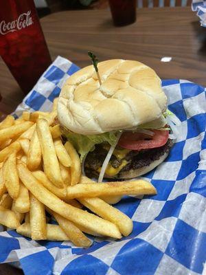 Double smashed burger and fries.