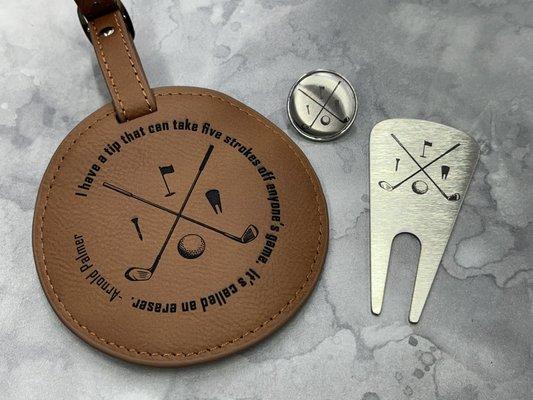 Personalized Golf Set - Ball Marker, Divot Tool & Leather Tee Holder.