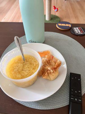 Egg Drop Soup and crab Rangoon-enjoyed them both.