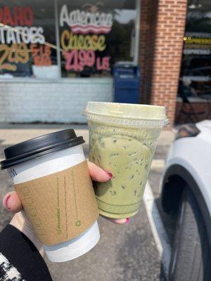 raspberry chai and an iced strawberry matcha (the anti-hero)