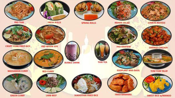 Pad Thai, Boba, Thai Tea, Sweet Rice & Mango, Curry, Tom Yum, Fried Rice, Crispy Pork, Eggplant, Fried bananas, larb, Spring Roll