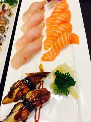 Unagi, yellowtail and salmon sushi.