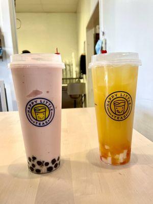 Strawberry Banana Smoothie with boba and Peach Tea with rainbow jelly