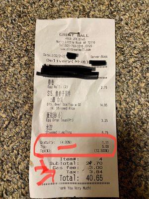 Changing Double Tax, added Tip without ask customers, making them own tax policy 11% + Gratuity fee because by using the credit card.