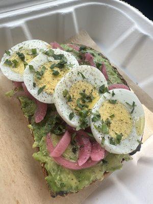 Single Avocado Toast with pickled red onions added. Delicious!