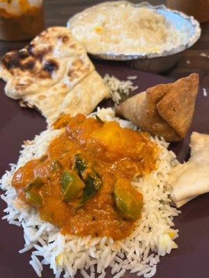 Naan, veggie samosa, basmati rice & chicken madras/ aloo gobi