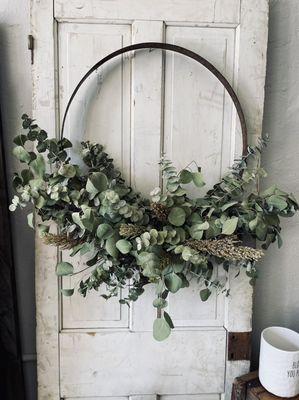 Whiskey barrel ring with dried Eucalyptus