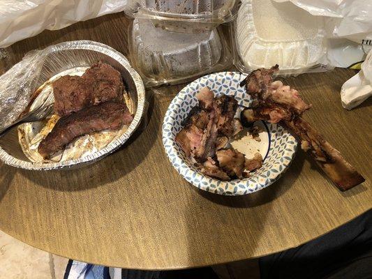 Prime rib on left and on the right all the fat and bone that came from that $37.99 prime rib meal. More fat than meat.