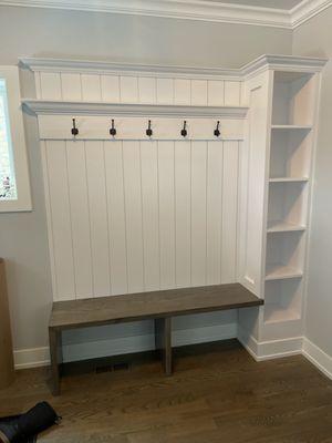 Custom entry way bench with shelves