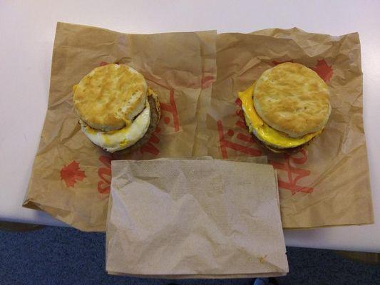 2 for $6.00 Sausage, Egg, & Cheese Biscuits, bargain, hot and delicious!