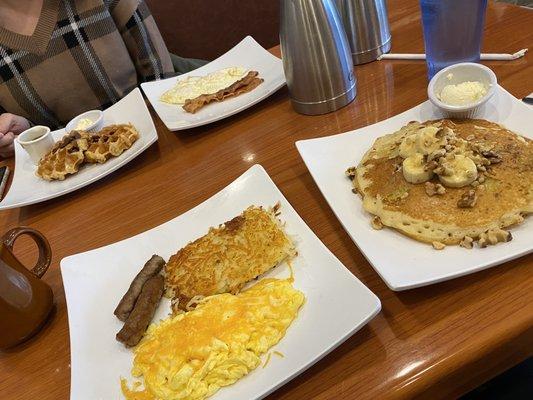 Top: waffle combo W/ blueberries  Bottom: Hotcake combo w/ banana walnut pancakes