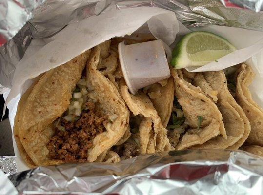 Chorizo taco and steak tacos. Sauce is so delicious!