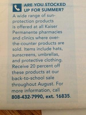 Receive 20% off all OTC sun protection items throughout August at KP pharmacy department