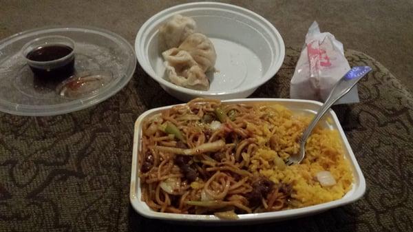 Beef lo mein combo and steamed dumplings to-go.