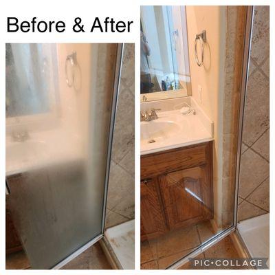 Before and after shower glass door.