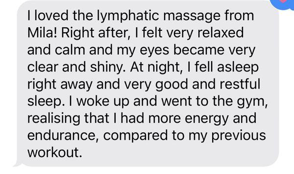 Client's testimonial after manual lymph drainage session.