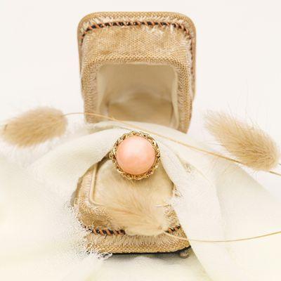 Cabochon Angel Breath Coral Ring 18K Yellow Gold