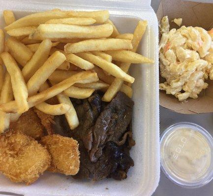 Plate lunch shrimp/teriyaki beef w/fries and mac salad 9.00, all tasty except bland mac. Small portion 9.00