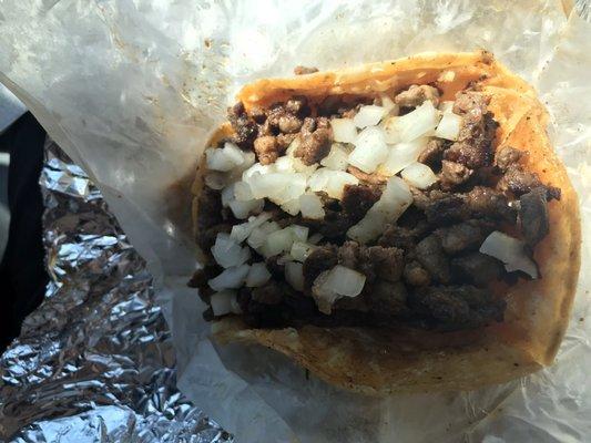 Steak tacos with onions.