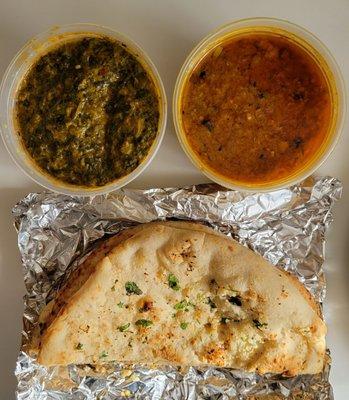 Palak Paneer (l), Chana Masala (r), Garlic Naan