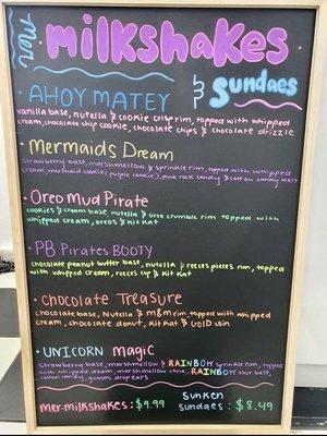 Milkshake menu