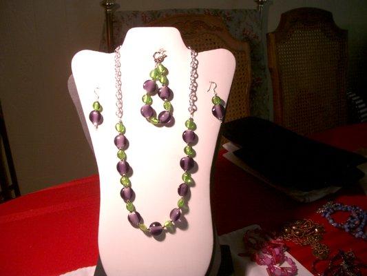 Purple/Green Lampwork Round Beads with Silver Accents