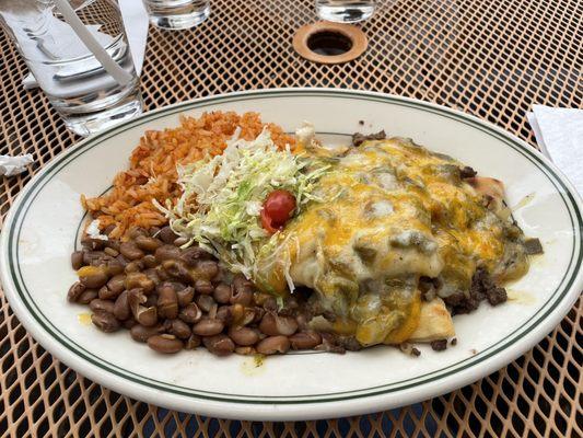 Stuffed Sopapilla with beef and green sauce. So good!