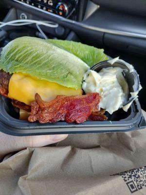 Baconator, no ketchup, wrapped in lettuce