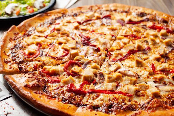 BBQ Chicken Pizza at Pizza by The Slice at Tutu's Food Court at San Manuel Casino.