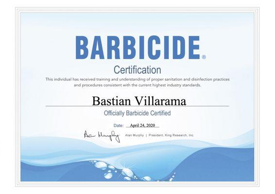 As we prepare to reopen, we want our guests to know that our health matters.  Bastian Villarama passed the Barbicide Certification Exam!